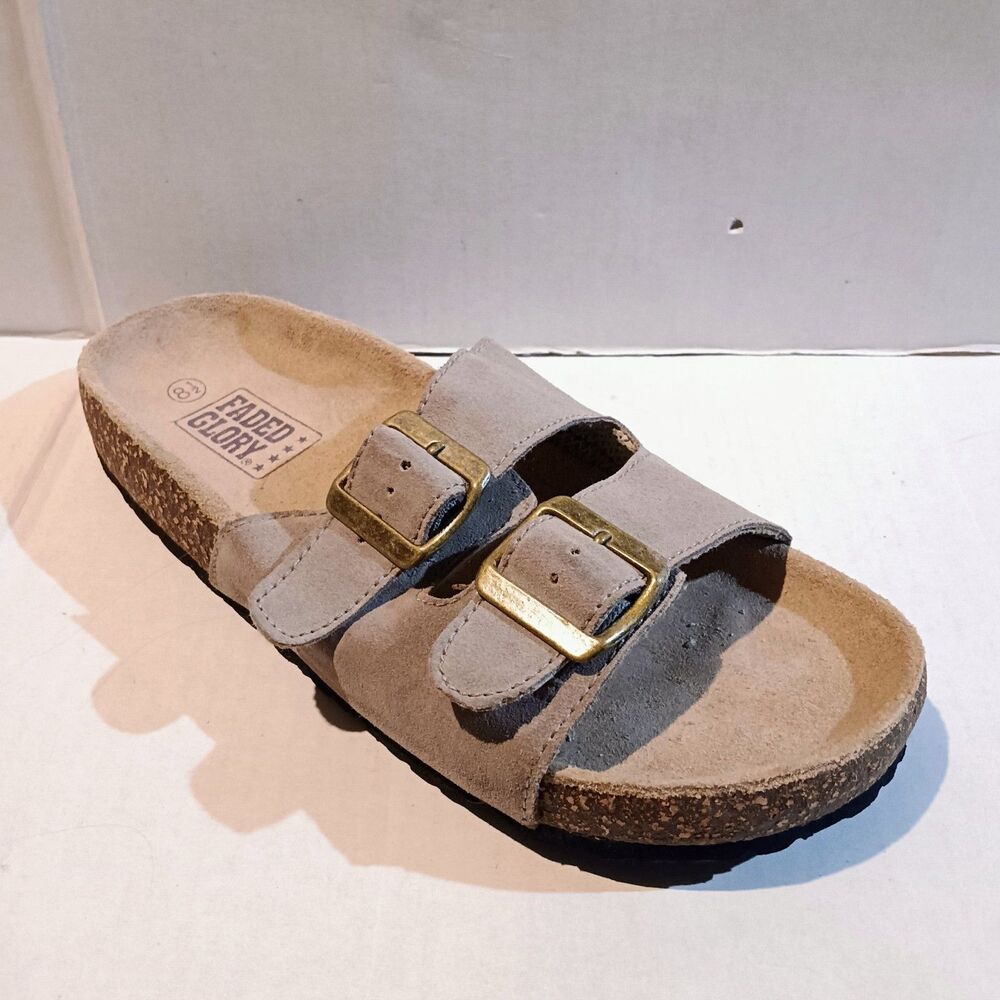 Faded Glory Suede Double Buckle Slide Sandals-Size 8.5-Taupe-Adjustable-Casual
